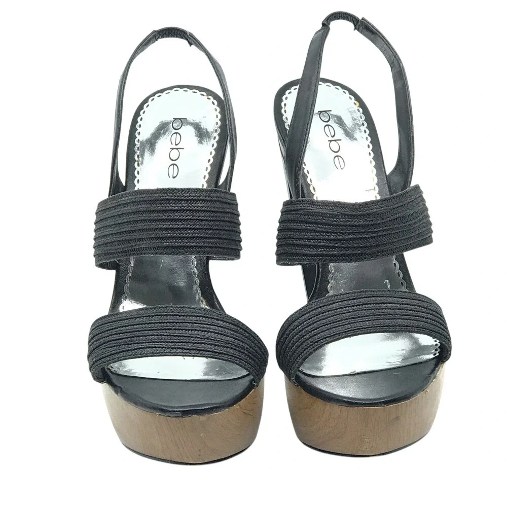 BEBE BLACK & TAN WOODEN PLATFORM‎ SANDAL HIGH HEEL